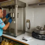 Técnico revisando una máquina de palomitas
